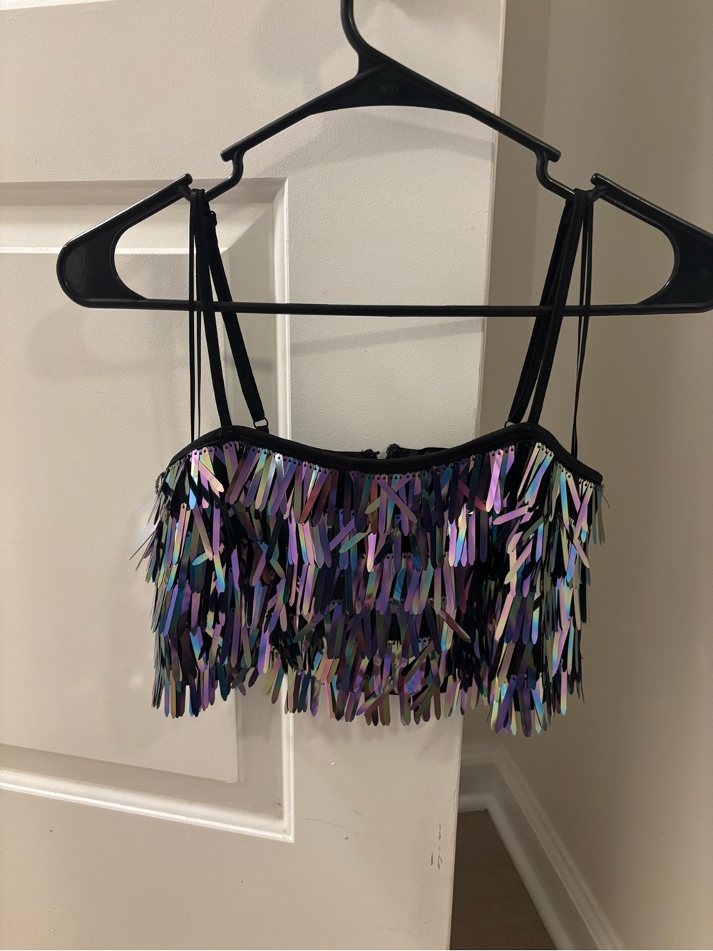 House of Harlow 1960 Black Crop Top with Iridescent Sequin Fringe